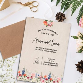 25 Letter Paper Sets DIN A4 – Natural Paper Flower Meadow Motif with Ribbed Look – with Envelopes DIN C6 in Kraft Paper Natural Pink Letter Paper – Printable – Ideal for Wedding Invitations