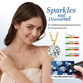 Moissanite Solitaire Necklace for Women, 2 Carat Lab Diamond, D Color VVS1, Crown Hollow Side & Heart Back, 925 Silver 17+2" Chain, Gift for Wife, Mom, Girlfriend or Yourself on Anniversary Birthday Wedding