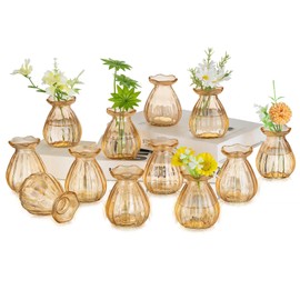 Hewory Gold Bud Vases for centerpieces: 12 Pcs Glass Amber Vase for Flowers - Mini Ribbed Vases for Wedding Baby Bridal Shower Events Decorations