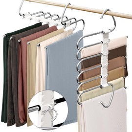 Upgrade 6 Layers Pants Hangers Space Saving, 2 Pack Non Slip Stainless Steel Multifunctional Pants Rack S-Type Pant Closet Hanger Organizer with Hooks for Pants Leggings Trousers, Antiquewhite