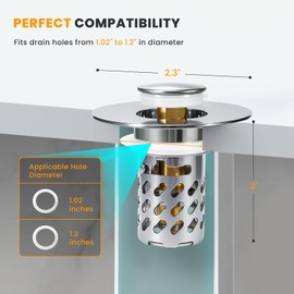 BOTEMY 3 in 1 Bathroom Sink Drain Strainer,Brass Bullet Core Pop Up Sink Stopper with Removable Stainless Steel Drain Basket Hair Catcher,Sink Stopper for 1.02"-0.2" Drain Holes,2 PCS
