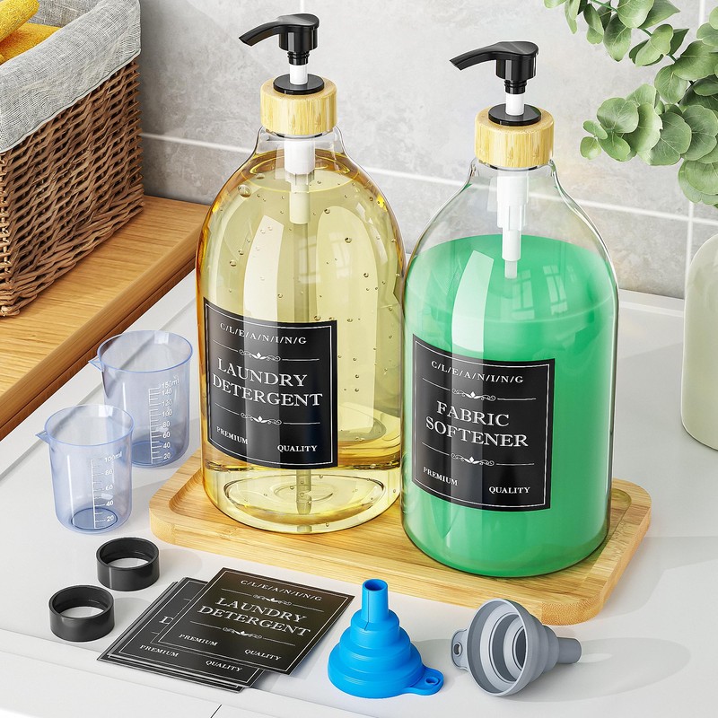 Moforoco Liquid Laundry Detergent Dispenser with Bamboo Tray, 2 Pack