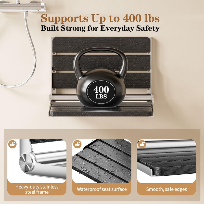 AKIMRABY Folding Shower Seat Wall Mounted, 15" Folding Shower Bench