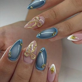 24Pcs Fall Almond Press on Nails Medium Fake Nails with Designs White French Tip False Nails with 3D Gold Bow Star Design Blue Almond Nails Press ons Full Cover Stick on Nails for Women Girls