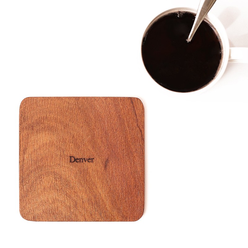 Denver Map Coaster, Set of 4, Sapele Wooden Coaster with