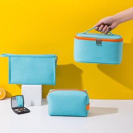 Pack of 3 Travel Cosmetic Bag Makeup Bag Women's Makeup Bag PU Leather Waterproof Toiletry Bag Makeup Organiser Portable Cosmetic Organiser Bag with Zip for Girls (Light Blue)