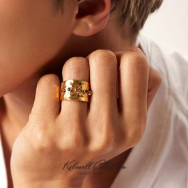 KELMALL 18K Gold Wide Stackable Rings for Women Chunky Bold Hammered Textured Stacking Adjustable Cuff Leaf Wavy Band Ring