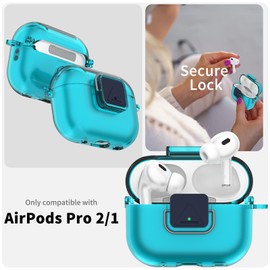 Transparent Case Compatible with Airpods Pro 2/1 (2023/2022/2019), Security Lock, with Cleaning Kit and Keychain, with Rope (Transparent Blue)