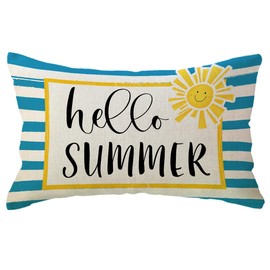 Hello Summer Decorative Pillow Cover Blue Stripes with Sunshine Design Cushion Cover 18×18 Farmhouse Summer Holiday Lumbar Pillowcase Seasonal Decorations for Sofa Couch Porch(Blue/Yellow)