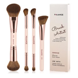 MAANGE Set de Brochas para Maquillaje 4PCS Brochas de Maquillaje Premium de Doble Punta Multi Usos con Estuche Brocha para Base Pulir Líquidos, Cremas, Polvos Ideal para Regalar(Beige+Dorado)