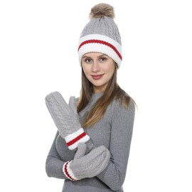 Belle Dame Winter Pompom Beanie Hat and Mittens Set for Women Knit Winter Hat and Gloves Set Fleece Lined (HT495/GL495)
