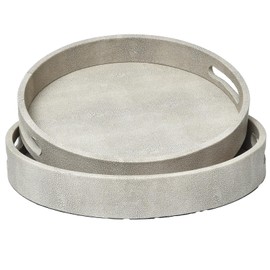 Set of 2 Round Shagreen Serving Tray Set, Ivory Wood with PU Leather Decor, Ideal for Coffee Tables, Ottomans, and Console Tables