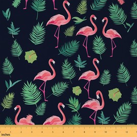 Flamingo Upholstery Fabric by The Yard, Tropical Palm Leaf Decorative Fabric for Upholstery and Home DIY Projects, Hawaiian Bird Branches Botanical Waterproof Outdoor Fabric, 1 Yard, Pink Black