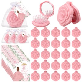 Sawysine 25 Sets Pink Rose Compact Mirrors with Brush Bulk Quinceanera Party Favors for Guests Sweet 15 Travel Mirror with Thank You Cards Organza Bags Quinceanera Gift 15th Birthday Party Favors