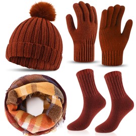 Hicarer 4 Pcs Winter Beanie Hats Scarf Gloves Socks Set Warm Hat with Pom Pom Crew Socks Plaid Scarf Knit Gloves for Women (Caramel)