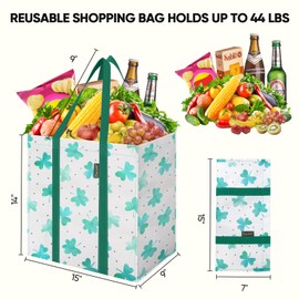 BALEINE 4 PK Grocery Bags Reusable Shopping Bags with Reinforced Bottom, Heavy Duty Foldable Tote Bags (Clover)