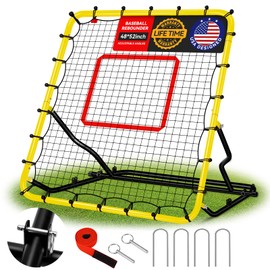 Baseball Rebound Net 48" x 52" Bounce Back Net with 3 Adjustable Angles, Anti-UV Easy Storage Baseball Fielding Trainer with 4 Stakes, Volleyball Softball Pitch Back Rebounder for Indoor Outdoor