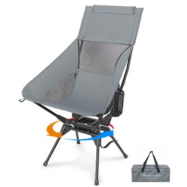 OUTTPLY Swivel Folding Chair, High Back Camping Chair with Head Support, Side Cup Pocket, Stable Portable Outdoor Chair for Camp, Travel, Beach, Party, Fishing (Grey)