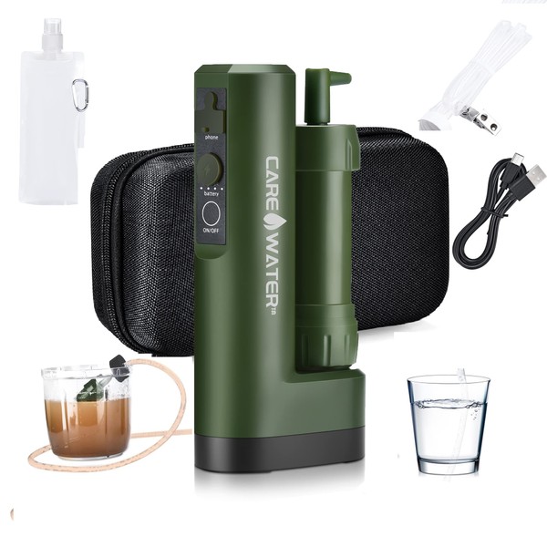 CaredWater Electric Portable Water Filter Purifier Survival for Camping Backpacking Hiking Travel, Water Filtration System Survival Gear with Backup Option and Emergency Phone Charger