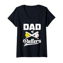Womens Mens Dad of Ballers Funny Dad of Baseball Softball Players V-Neck T-Shirt