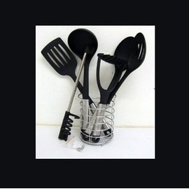 7 Pieces Nylon Kitchen Utensil Cutlery Tool Set Spoon Ladle Masher Slotted Spoon Slotted Turner Holder Rack New