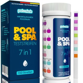 poolomio Pool Test Strips 7-in-1, Pack of 150 | Pool Tester for Swimming Pool, Hot Tub, Spa & Pond, Water Tester for pH Value, Water Hardness, Free & Total Chlorine, Bromine, Alkalinity, Cyanic Acid |