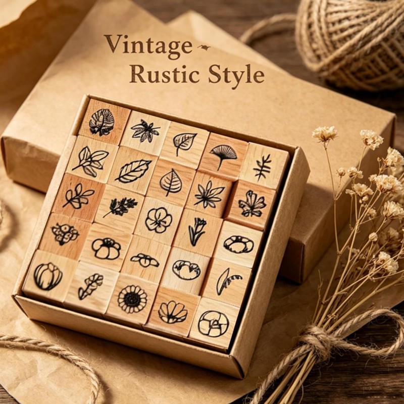 25 Pcs Mini Wooden Rubber Stamps for Journaling, Flower Set