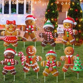 Memorywuu 8 Pcs Christmas Gingerbread Man Yard Signs with Stakes Outdoor 3D Gingerbread House Decoration Xmas Gingerbread Yard Stakes Lawn Signs for Christmas Holiday Pathway Garden Patio Party Favors