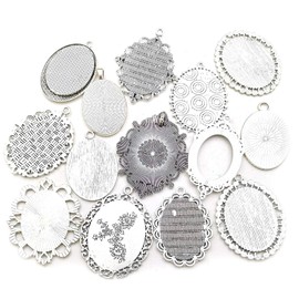 Youdiyla 10 Pendant Trays, 30x40mm, Blank Oval Cabochons Base Setting Bezel Frame Metal Cameo for Photo Pendant Jewelry Making (Antique Silver-HM278)