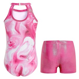 JiAmy Gymnastics Leotards for Girls with Shorts Set, Clasp Back Athletic Activewear Sparkle Kids Gymnastics Outfit for 11-12 Years