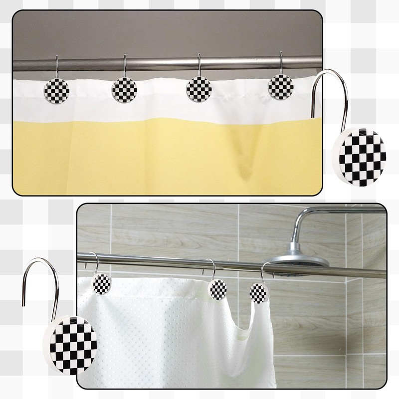 Yalikop 12 Pack Black and White Checkered Shower Curtain Hooks