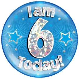 OAKTREE UK 633384 6" Jumbo Badge I am 6 Today Blue Holographic Cracked Ice
