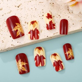 Fall Press on Nails Medium Fake Nails with Designs Maple Leaf Stick on Nail Square Acrylic False Nail Thanksgiving Artificial Nail Press ons Glossy Full Cover Glue on Nails for Women 24Pcs