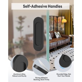 MeBantoo 8 Pack Self-Stick Door Handles, 4 Inch Aluminum Alloy Self Adhesive Flat Finger Pulls, No Drill Cabinet Knobs for Drawer, Sliding Glass/Barn/Closet/Balcony Doors (8, Black)