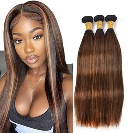 BilltiiWW Highlight Straight Bundles Human Hair P430 Straight Bundles Brown and Light Brown two tone Brazilian Human Hair Soft and Silky for Black Women 14 16 18 Inch