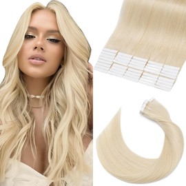 Elailite Tape in Hair Extensions Real Human Hair Blonde 40 Pcs 100g - Seamless Skin Weft Real Remy Hair Extension Long Straight (#60 Platinum Blonde, 22 Inch)