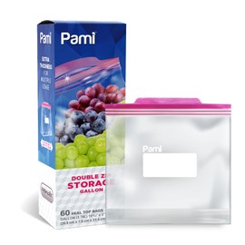 PAMI Double Zip Food Storage Gallon Bags [60 Pieces] - Leakproof Freshness-Lock Bags With Expandable Bottom- Food-Safe Zipper Bags With Write On Label- Thick & Reusable Sandwich Bags