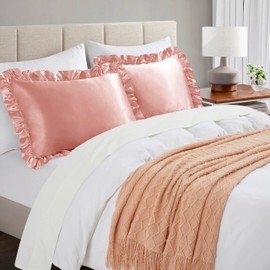 HommxJF Silky Satin Ruffled Pillow Cases for Hair and Skin,Rose Gold Silk Pillowcases King Set of 2 with Envelope Closure Princess Room