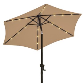 wikiwiki 7.5ft Solar Led Patio Umbrella, Sturdy Outdoor Market Umbrella for Deck, Pool, Garden w/Tilt, Crank, 32 LED Lights, Tan