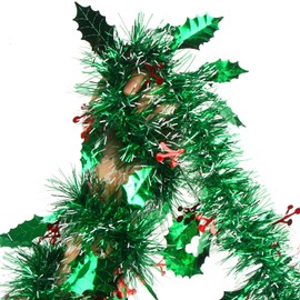LOKIPA Christmas Tinsel Garland, 32.8 Ft Xmas Tinsel Decoration Metallic Green for Christmas tree Decoration with Red Berries