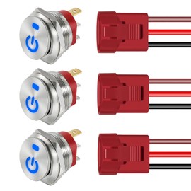 Fyimxsc 3 Pack ON Off Round Rocker Switches with Wire Socket 3 Pin 12V AC/DC 20A Blue LED 22mm Mounting Hole Stainless Steel Mini Circle Toggle Switch Power Symbol 24Volt SPST for Car RV Auto (Blue)