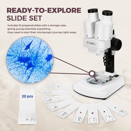 ESAKO Dual LED Kids Microscope - Science Kit with 10 Prepared Slides & 10 DIY Blank Slides, Mineral & Insect Specimens, Microscope Kit for Kids