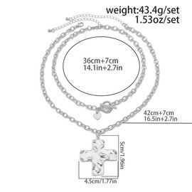 GIGB PBDK Gold Layered Hammered Cross Necklace Set for Women Vintage Chunky Crucifix Pendant Statement Choker Exaggerated Cross OT Necklace Faith Jewelry Gift (Silver)