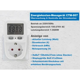 ChiliTec CTM-807 Energy Cost Meter Electricity Cost Meter Energy Cost Meter for Socket 230 V - Consumption Meter up to 3600 Watt Tariff Adjustable White