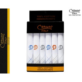 Caruso Italy Men's Initial Monogram Embroidery 100% Pure Cotton Handkerchief White Base With Colored Border - Pack Of 6, D, 46