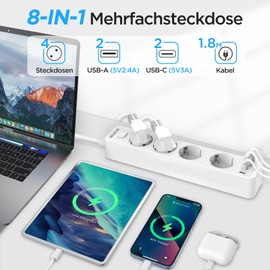 Steckdosenleiste 4 USB Mehrfachsteckdose Wandmontage 4-Fach Steckerleiste Überspannungsschutz 2 USB C Steckdose mit Schalter 4000W 16A Verteilersteckdose Multisteckdose mit 1,8M Kabel, Weiß