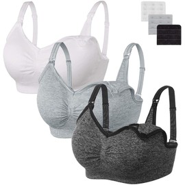 HBselect Women’s Maternity/Nursing Bra, Seamless Non-Wired Nursing Bra with Additional Bra Extensions, Breastfeeding and Sleeping, Pack of 3, Black White Grey