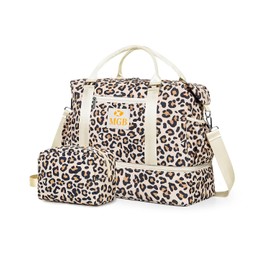 Weekender Bags for Women Travel, Carry On Personal Item Duffle Bag, Water Resistant Gym Bag with Toiletry Bag, Shoe Compartment & Wet Pocket, Leopard-Large