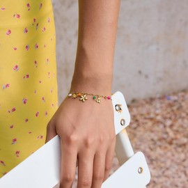 Dainty Flower Link Bracelet for Women Cherry Dragonfly Pearl Charm Adjustable Gold Plated Stainless Steel Chain Cubic Zirconia Floral Jewelry Cute Statement for Girlfriend Summer Party