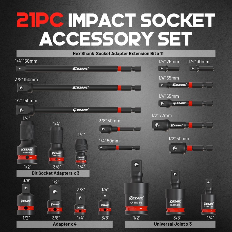 EZARC 21PCS Impact Socket Adapter Set, Includes CR-MO Universal Swivel